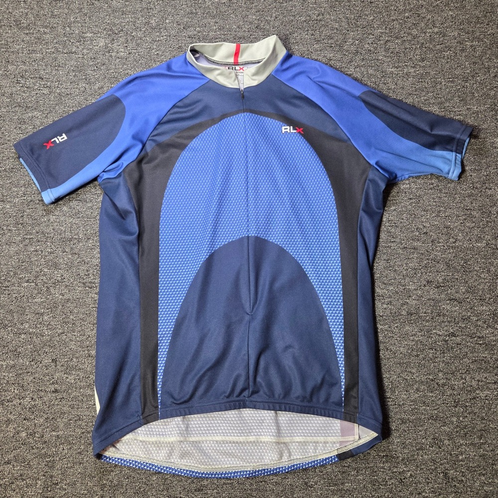 RLX Ralph Lauren Cycling Jersey Mens L Blue Geometric Short Sleeve Performance